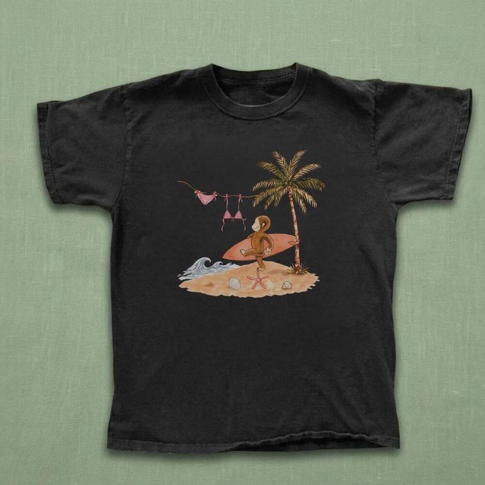 Black Graphic Tee With Cute Monkey Surfing Design